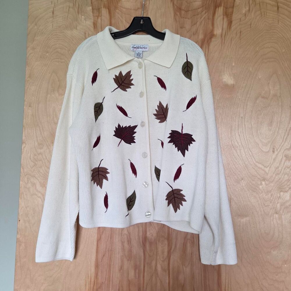 y2k fall leaves Croft & barrow knit cream/white button down cardigan sweater